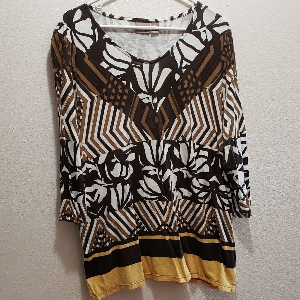 Chicos 3/4 length sleeve top. Brown, gold, black, white, size 3 chicos, …